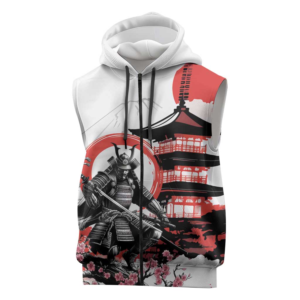 Japanese Samurai Warrior Enso Sleeveless Zip Hoodie Japan Pagoda Sakura Watercolor LT14 White - Polynesian Pride