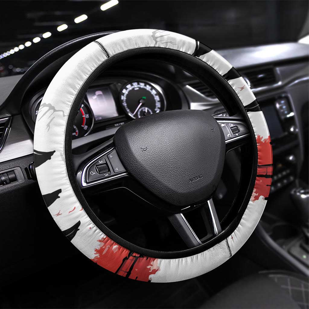 Japanese Samurai Warrior Enso Steering Wheel Cover Japan Pagoda Sakura Watercolor LT14 Universal Fit White - Polynesian Pride