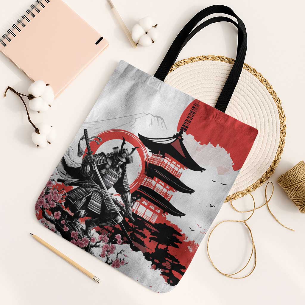 Japanese Samurai Warrior Enso Tote Bag Japan Pagoda Sakura Watercolor LT14 Black Strap One Size White - Polynesian Pride