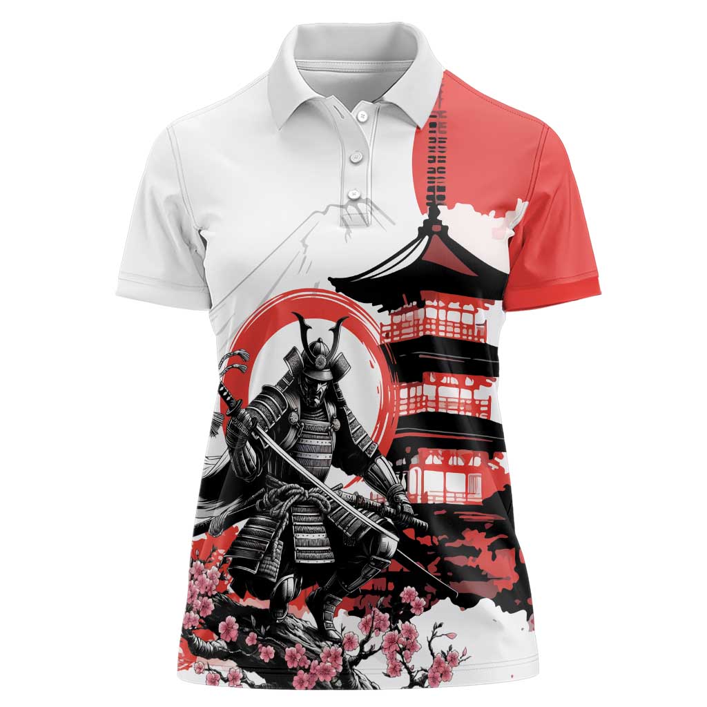 Japanese Samurai Warrior Enso Women Polo Shirt Japan Pagoda Sakura Watercolor LT14 Female White - Polynesian Pride
