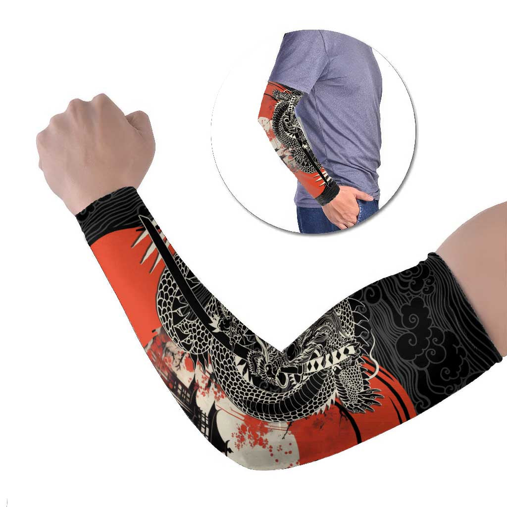 Japanese Dragon Katana Enso Arm Sleeves Japan Pagoda Seamless Cloud LT14 Set of 2 Black - Polynesian Pride