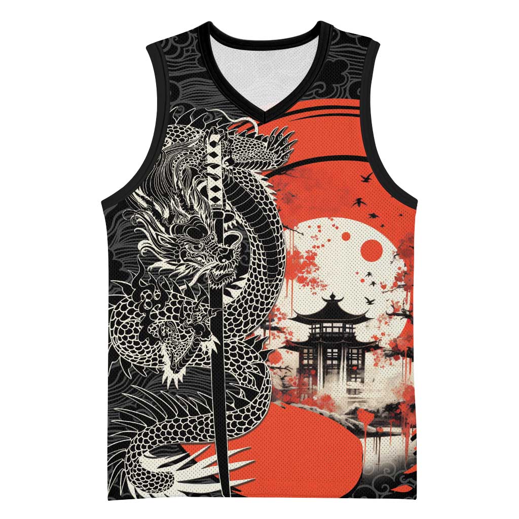 Japanese Dragon Katana Enso Basketball Jersey Japan Pagoda Seamless Cloud LT14 Unisex Black - Polynesian Pride