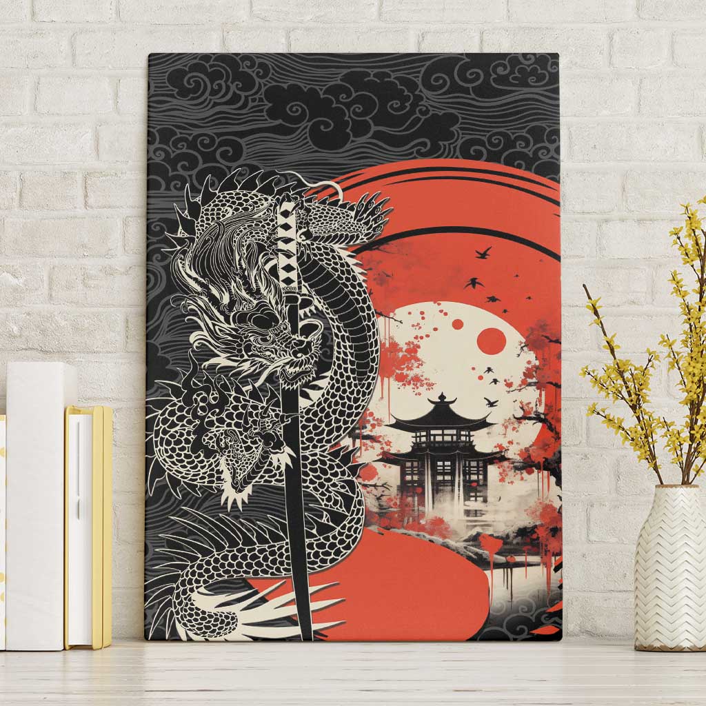 Japanese Dragon Katana Enso Canvas Wall Art Japan Pagoda Seamless Cloud LT14 Without Frame Black - Polynesian Pride