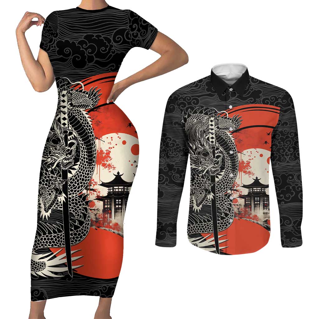 Japanese Dragon Katana Enso Couples Matching Short Sleeve Bodycon Dress and Long Sleeve Button Shirt Japan Pagoda Seamless Cloud - Polynesian Pride