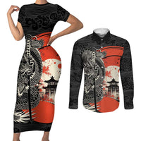 Japanese Dragon Katana Enso Couples Matching Short Sleeve Bodycon Dress and Long Sleeve Button Shirt Japan Pagoda Seamless Cloud - Polynesian Pride