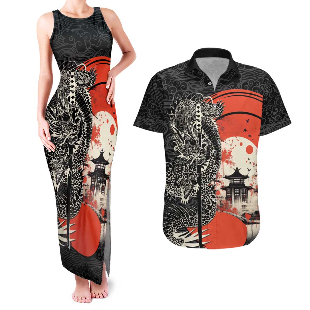 Japanese Dragon Katana Enso Couples Matching Tank Maxi Dress and Hawaiian Shirt Japan Pagoda Seamless Cloud - Polynesian Pride