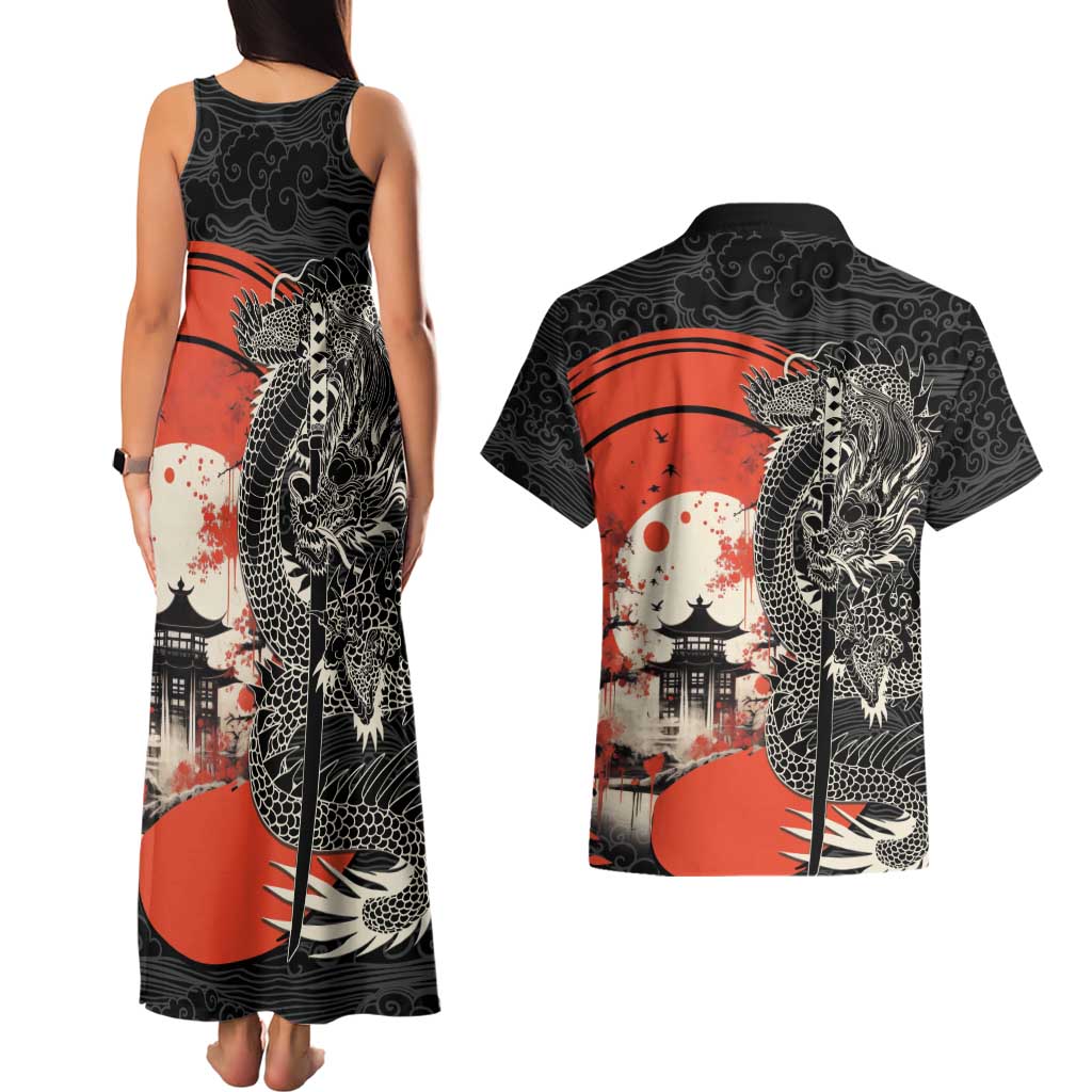Japanese Dragon Katana Enso Couples Matching Tank Maxi Dress and Hawaiian Shirt Japan Pagoda Seamless Cloud - Polynesian Pride