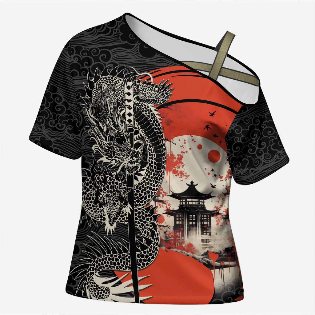 Japanese Dragon Katana Enso Cross Shoulder Shirt Japan Pagoda Seamless Cloud LT14 Female Black - Polynesian Pride