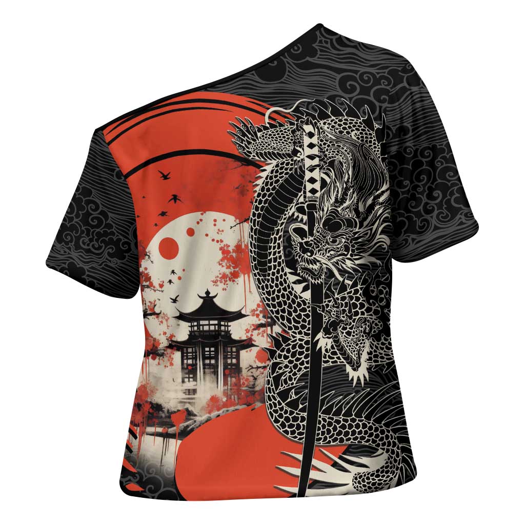 Japanese Dragon Katana Enso Cross Shoulder Shirt Japan Pagoda Seamless Cloud LT14 - Polynesian Pride