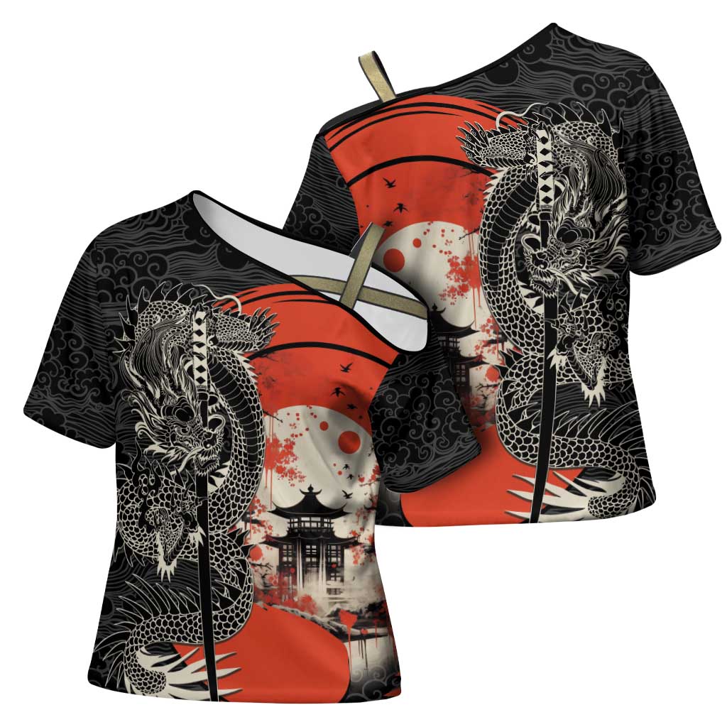 Japanese Dragon Katana Enso Cross Shoulder Shirt Japan Pagoda Seamless Cloud LT14 - Polynesian Pride