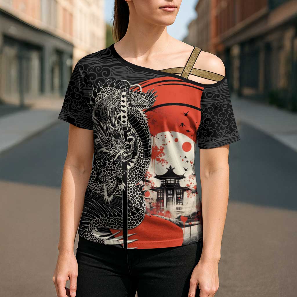 Japanese Dragon Katana Enso Cross Shoulder Shirt Japan Pagoda Seamless Cloud LT14 - Polynesian Pride