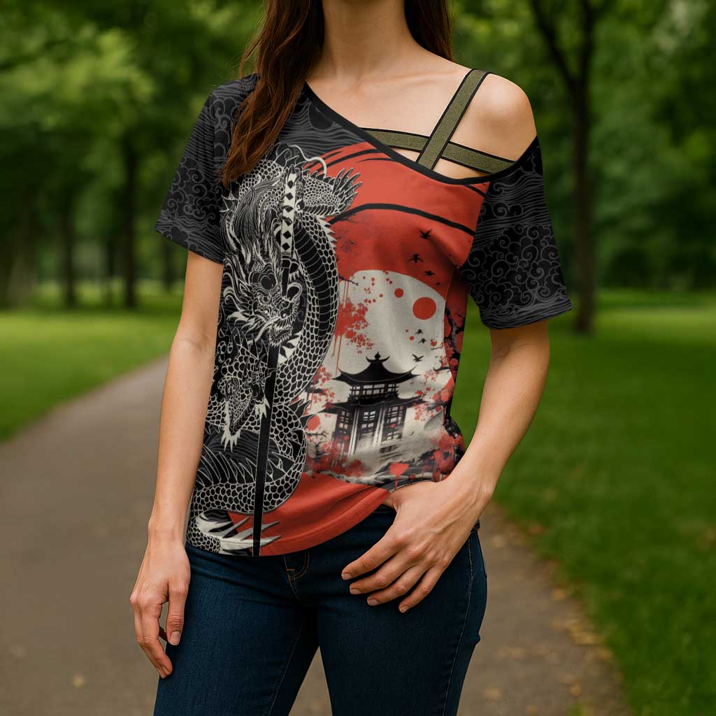 Japanese Dragon Katana Enso Cross Shoulder Shirt Japan Pagoda Seamless Cloud LT14 - Polynesian Pride