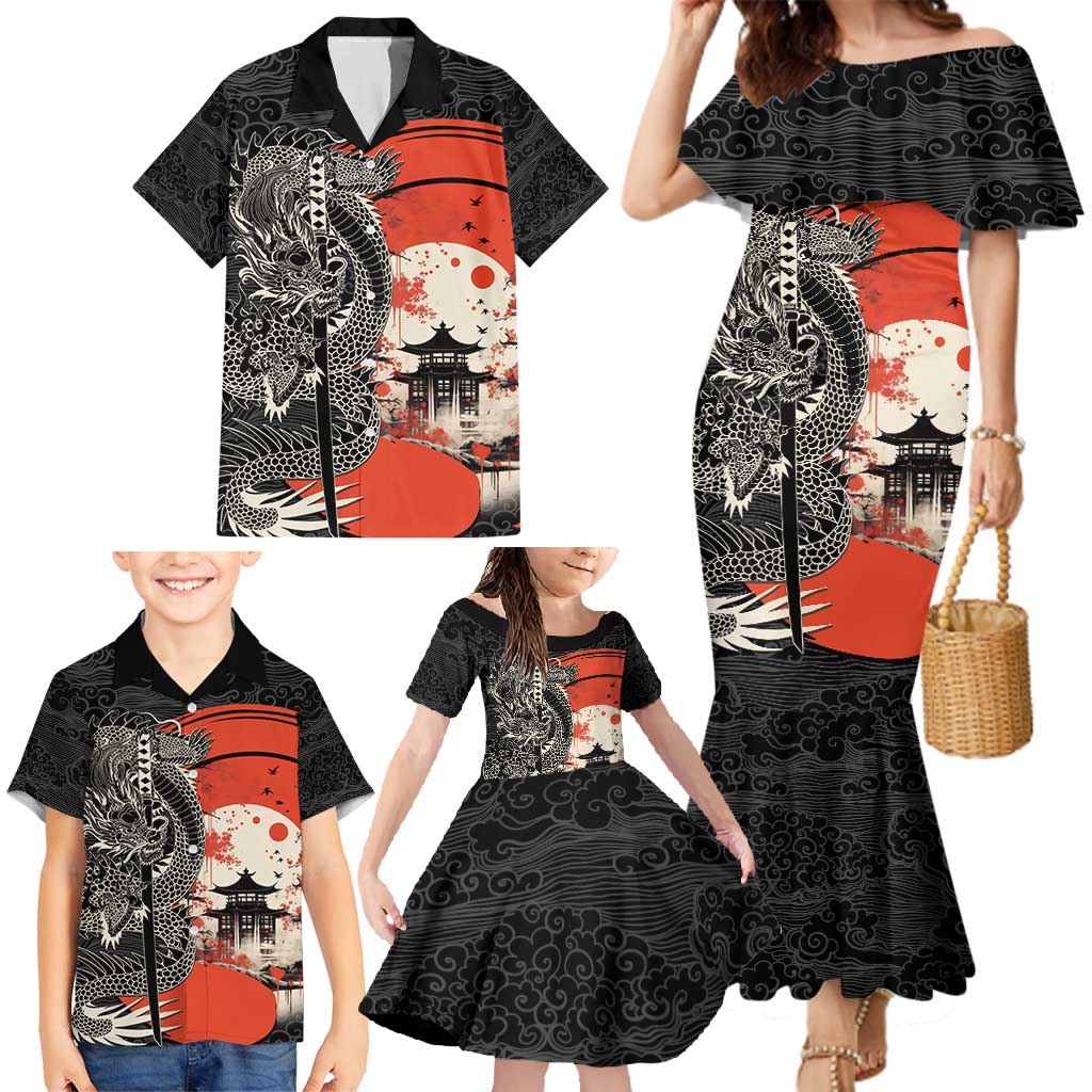 Japanese Dragon Katana Enso Family Matching Mermaid Dress and Hawaiian Shirt Japan Pagoda Seamless Cloud - Polynesian Pride