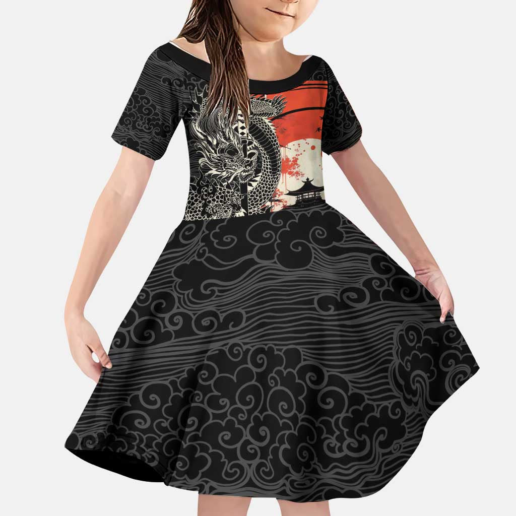Japanese Dragon Katana Enso Family Matching Off The Shoulder Long Sleeve Dress and Hawaiian Shirt Japan Pagoda Seamless Cloud - Polynesian Pride
