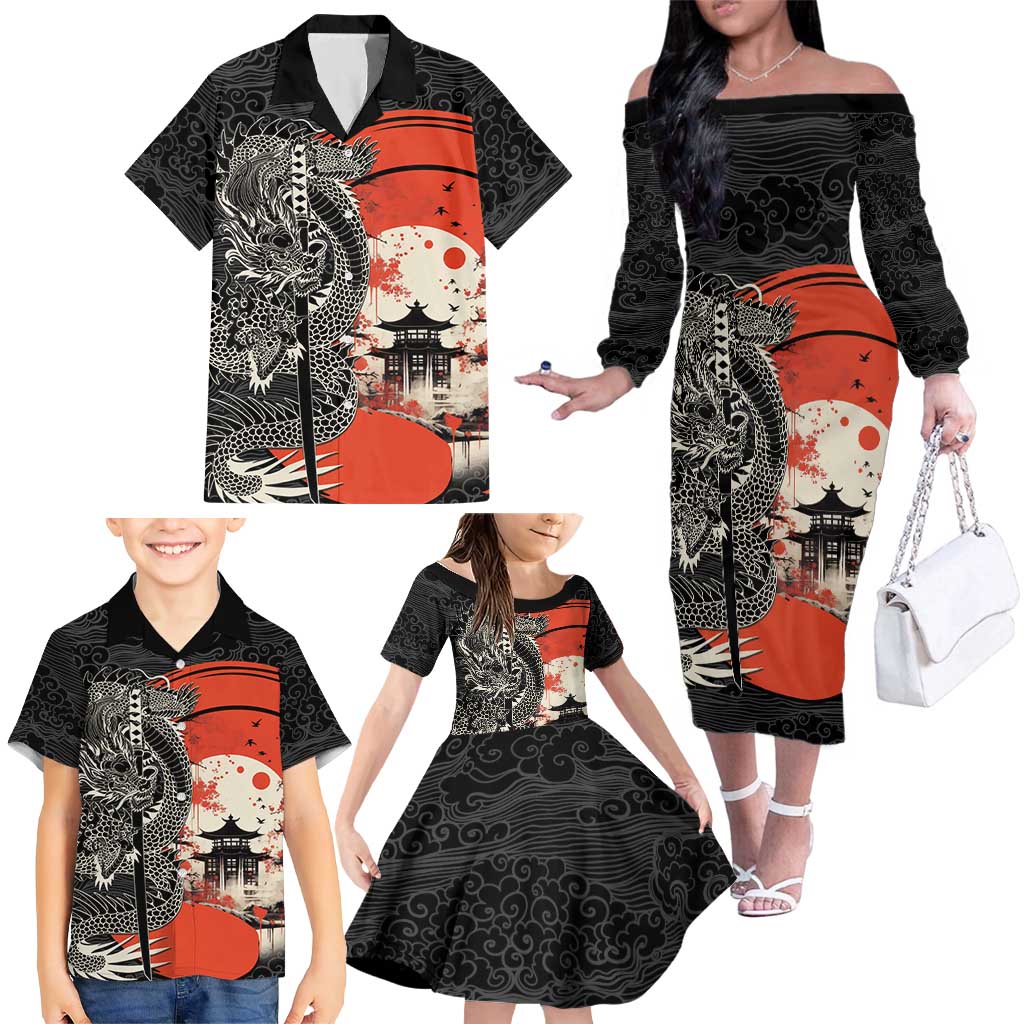 Japanese Dragon Katana Enso Family Matching Off The Shoulder Long Sleeve Dress and Hawaiian Shirt Japan Pagoda Seamless Cloud - Polynesian Pride