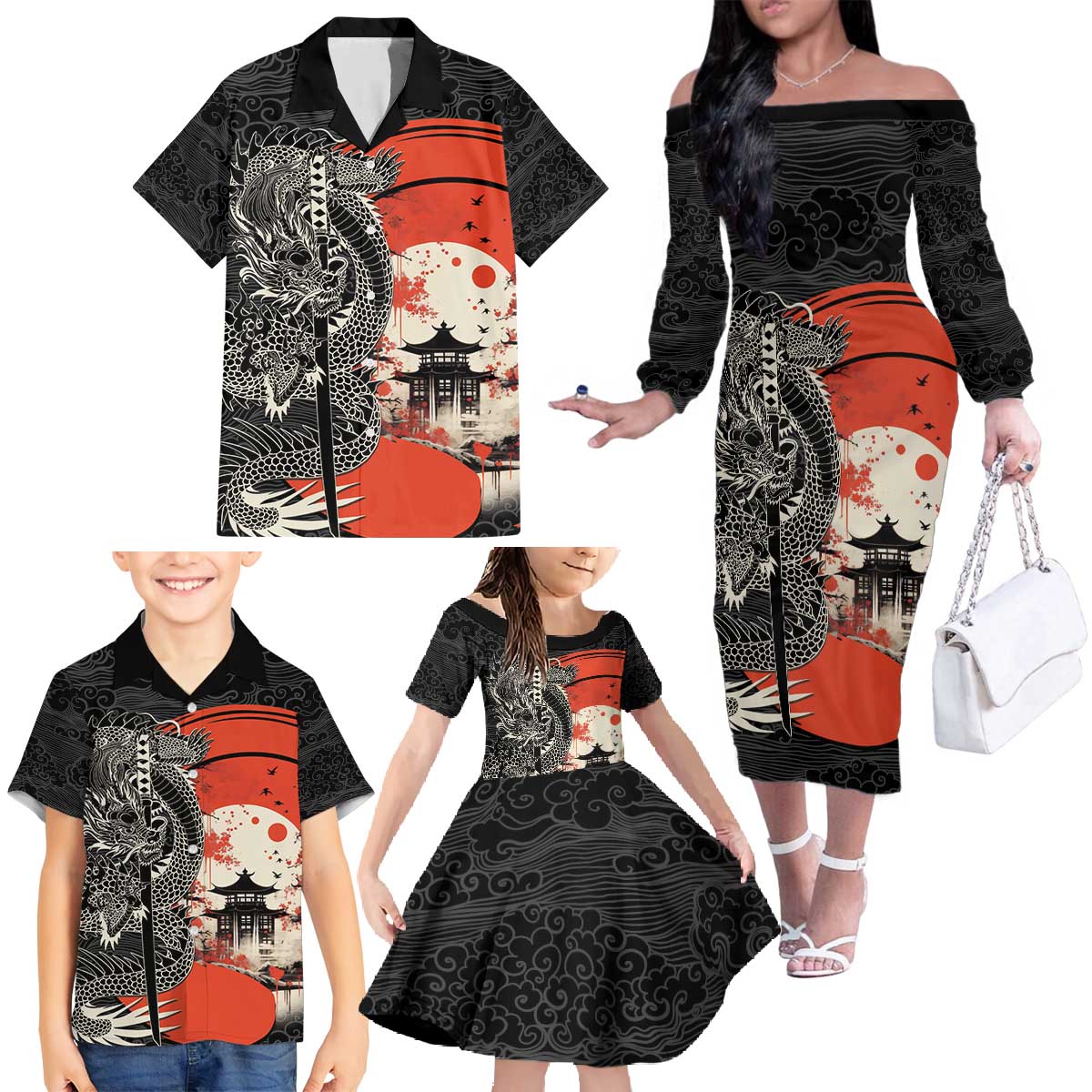 Japanese Dragon Katana Enso Family Matching Off The Shoulder Long Sleeve Dress and Hawaiian Shirt Japan Pagoda Seamless Cloud - Polynesian Pride