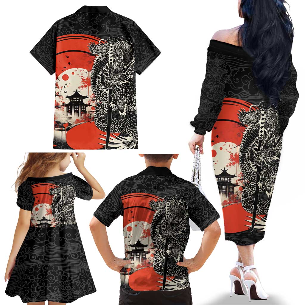 Japanese Dragon Katana Enso Family Matching Off The Shoulder Long Sleeve Dress and Hawaiian Shirt Japan Pagoda Seamless Cloud - Polynesian Pride