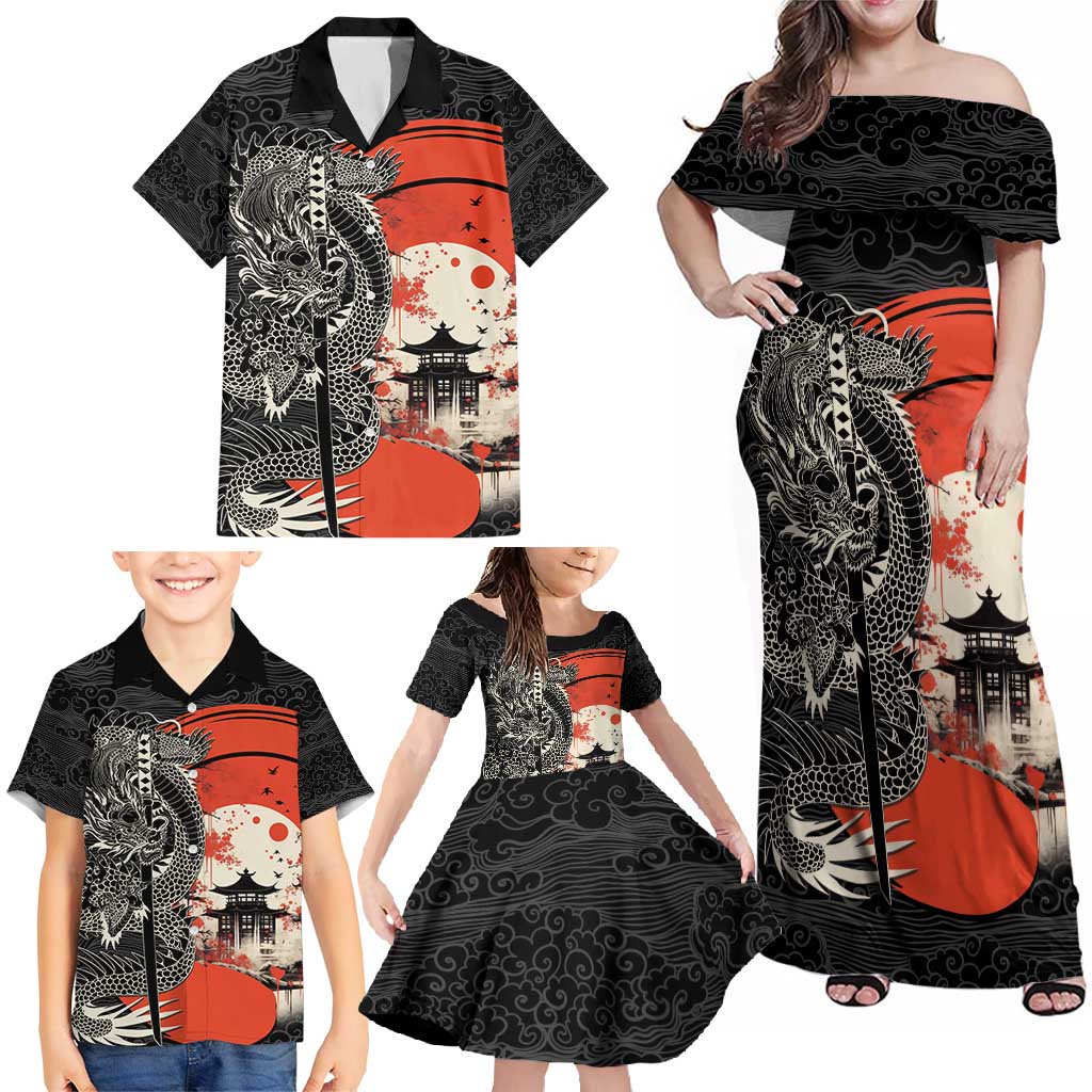 Japanese Dragon Katana Enso Family Matching Off Shoulder Maxi Dress and Hawaiian Shirt Japan Pagoda Seamless Cloud - Polynesian Pride