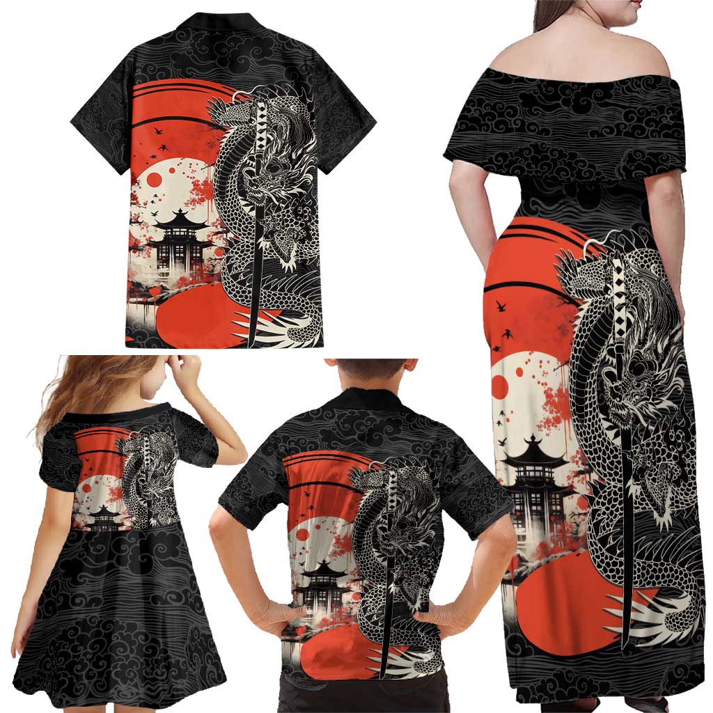 Japanese Dragon Katana Enso Family Matching Off Shoulder Maxi Dress and Hawaiian Shirt Japan Pagoda Seamless Cloud - Polynesian Pride