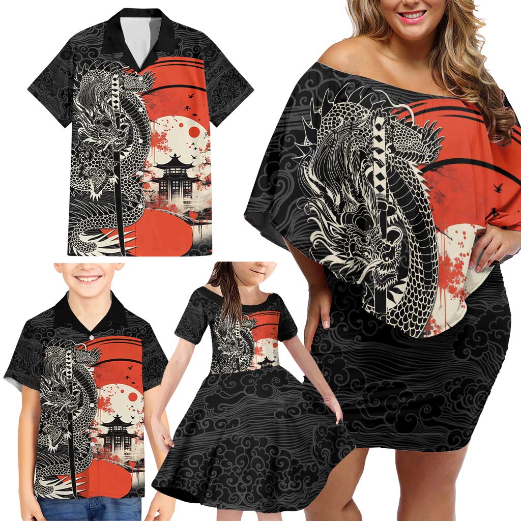 Japanese Dragon Katana Enso Family Matching Off Shoulder Short Dress and Hawaiian Shirt Japan Pagoda Seamless Cloud - Polynesian Pride