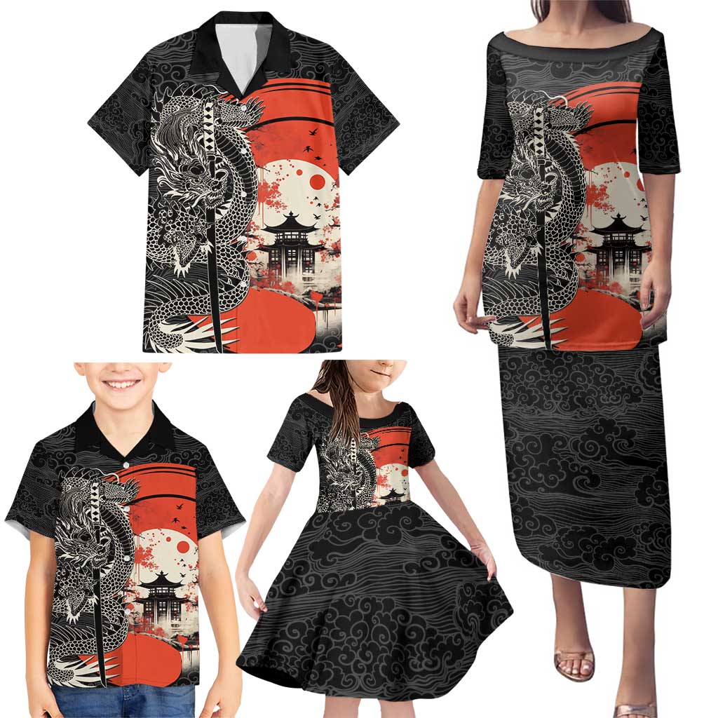 Japanese Dragon Katana Enso Family Matching Puletasi and Hawaiian Shirt Japan Pagoda Seamless Cloud - Polynesian Pride