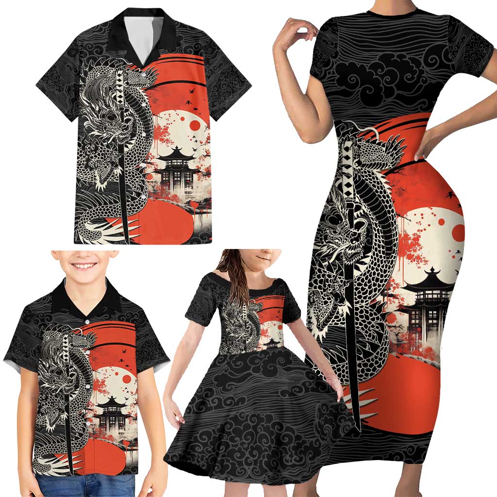 Japanese Dragon Katana Enso Family Matching Short Sleeve Bodycon Dress and Hawaiian Shirt Japan Pagoda Seamless Cloud - Polynesian Pride
