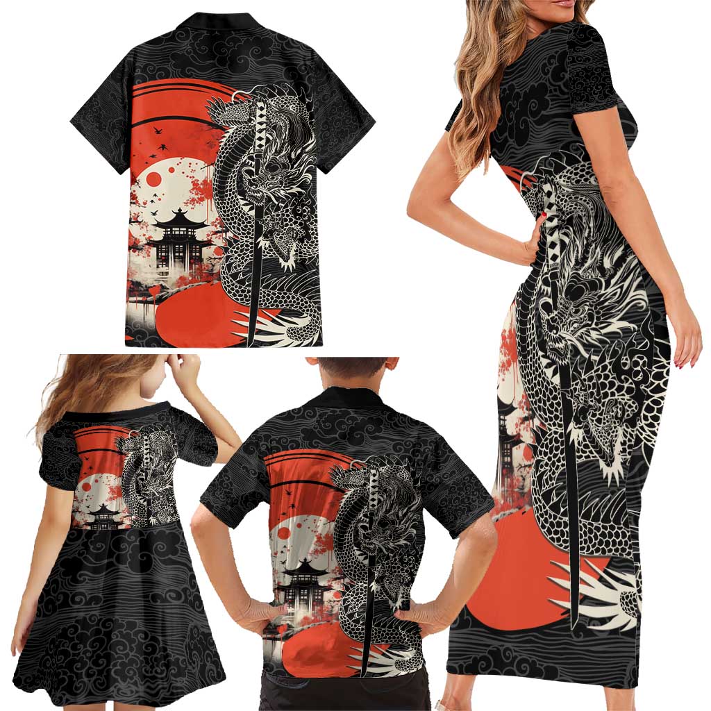 Japanese Dragon Katana Enso Family Matching Short Sleeve Bodycon Dress and Hawaiian Shirt Japan Pagoda Seamless Cloud - Polynesian Pride