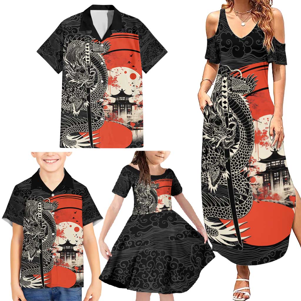 Japanese Dragon Katana Enso Family Matching Summer Maxi Dress and Hawaiian Shirt Japan Pagoda Seamless Cloud - Polynesian Pride
