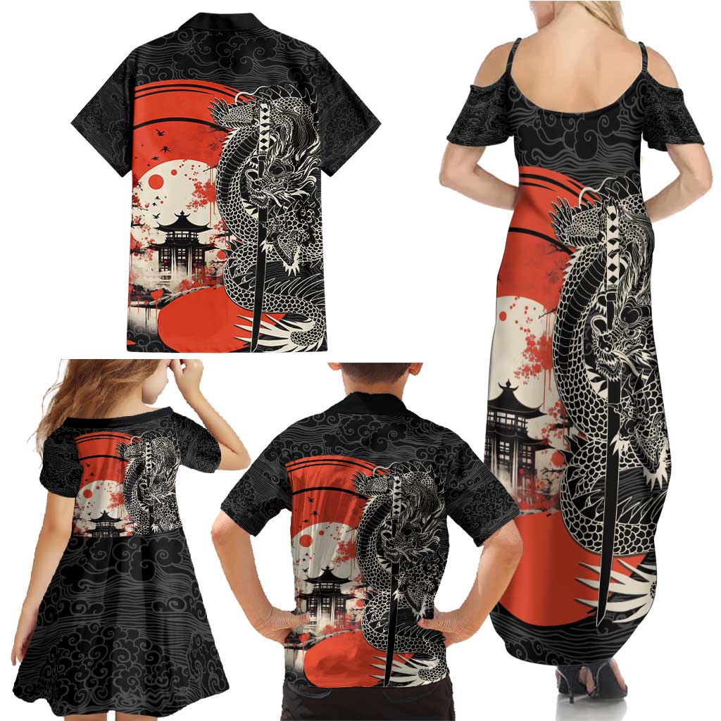 Japanese Dragon Katana Enso Family Matching Summer Maxi Dress and Hawaiian Shirt Japan Pagoda Seamless Cloud - Polynesian Pride
