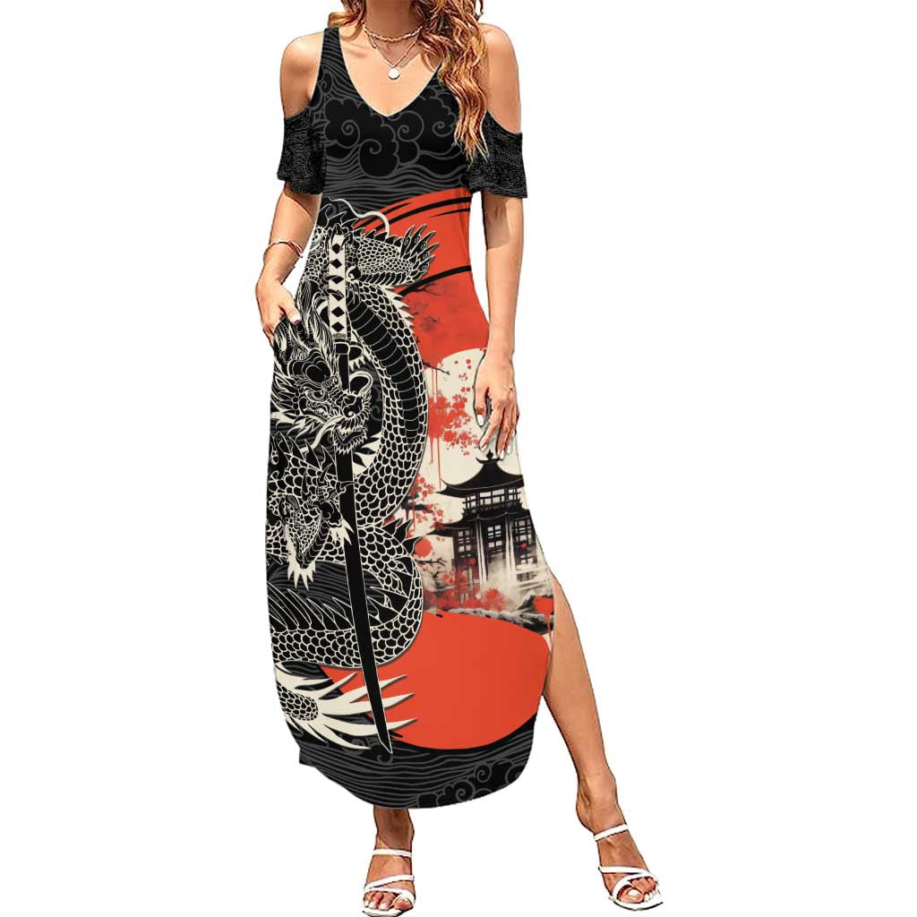 Japanese Dragon Katana Enso Family Matching Summer Maxi Dress and Hawaiian Shirt Japan Pagoda Seamless Cloud - Polynesian Pride