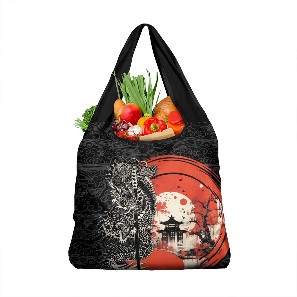 Japanese Dragon Katana Enso Grocery Bag Japan Pagoda Seamless Cloud LT14 1-pack One Size Black - Polynesian Pride