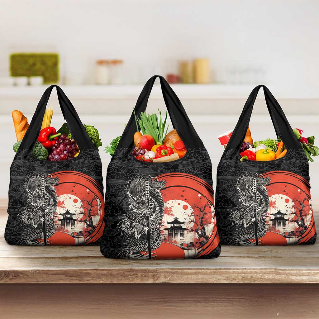 Japanese Dragon Katana Enso Grocery Bag Japan Pagoda Seamless Cloud LT14 3-pack One Size Black - Polynesian Pride