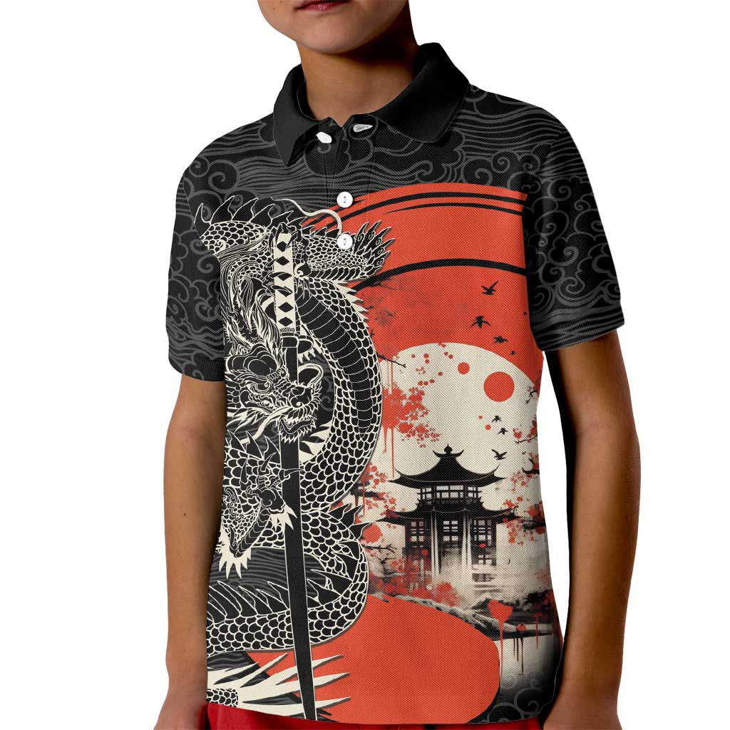 Japanese Dragon Katana Enso Kid Polo Shirt Japan Pagoda Seamless Cloud LT14 Kid Black - Polynesian Pride