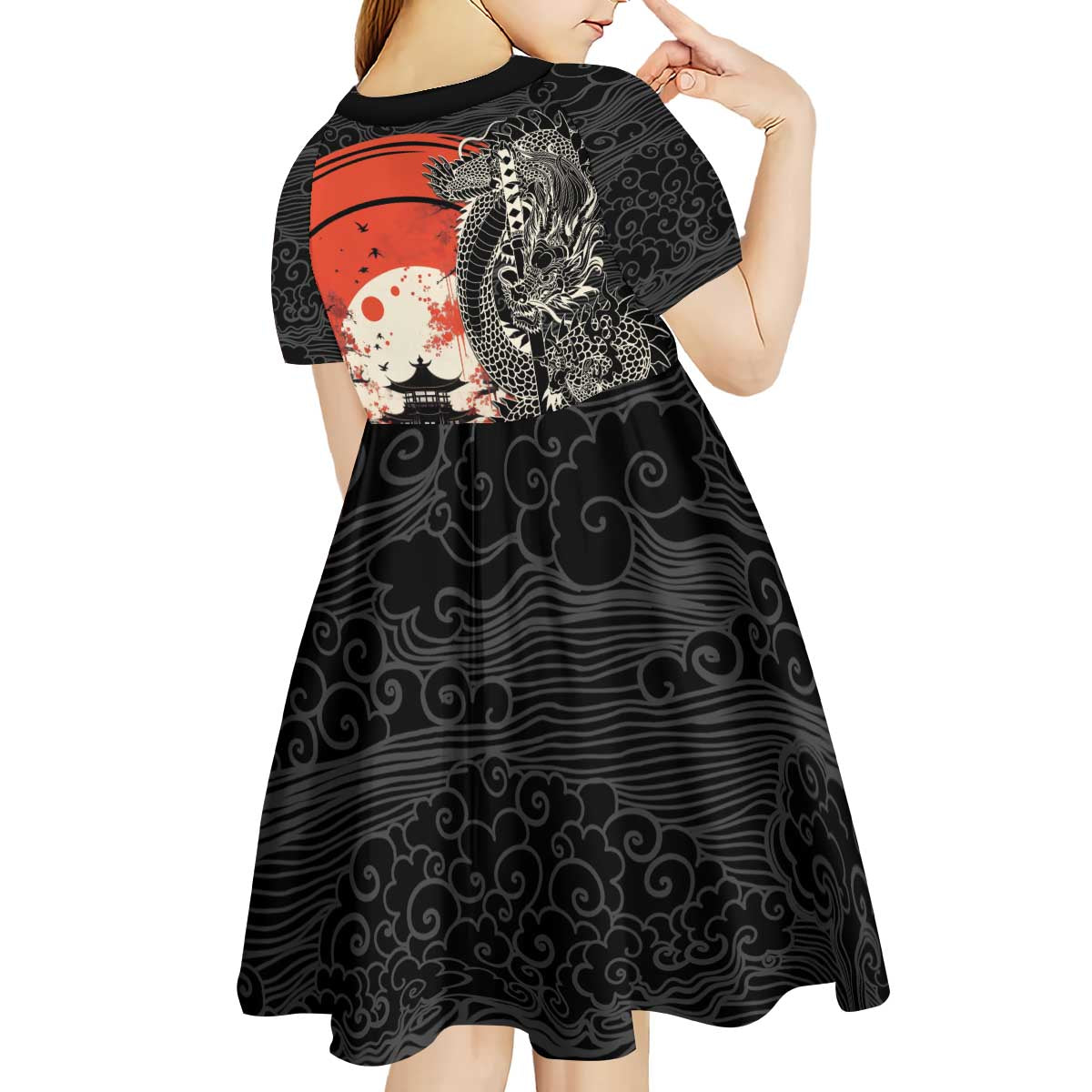 Japanese Dragon Katana Enso Kid Short Sleeve Dress Japan Pagoda Seamless Cloud LT14 - Polynesian Pride