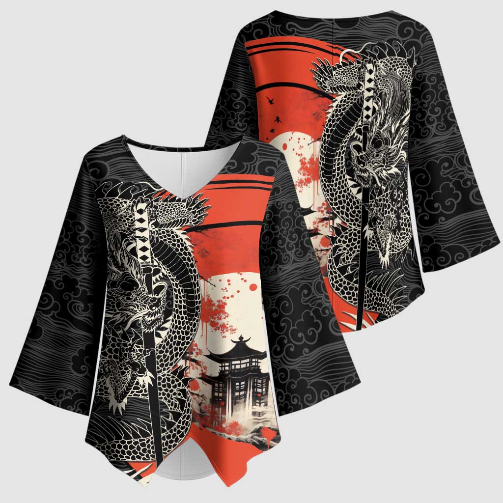 Japanese Dragon Katana Enso Kimono Sleeve Blouse Japan Pagoda Seamless Cloud - Polynesian Pride