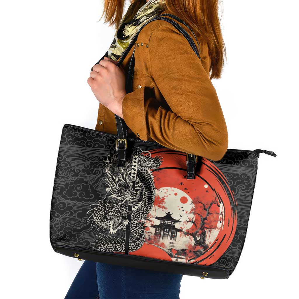 Japanese Dragon Katana Enso Leather Tote Bag Japan Pagoda Seamless Cloud LT14 Black - Polynesian Pride
