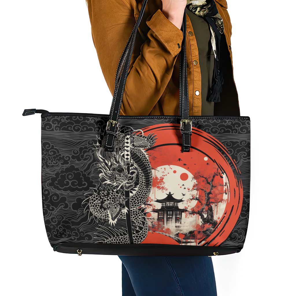 Japanese Dragon Katana Enso Leather Tote Bag Japan Pagoda Seamless Cloud LT14 - Polynesian Pride