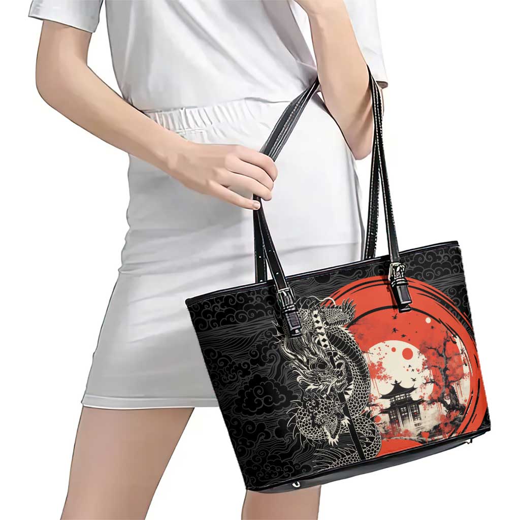 Japanese Dragon Katana Enso Leather Tote Bag Japan Pagoda Seamless Cloud LT14 - Polynesian Pride