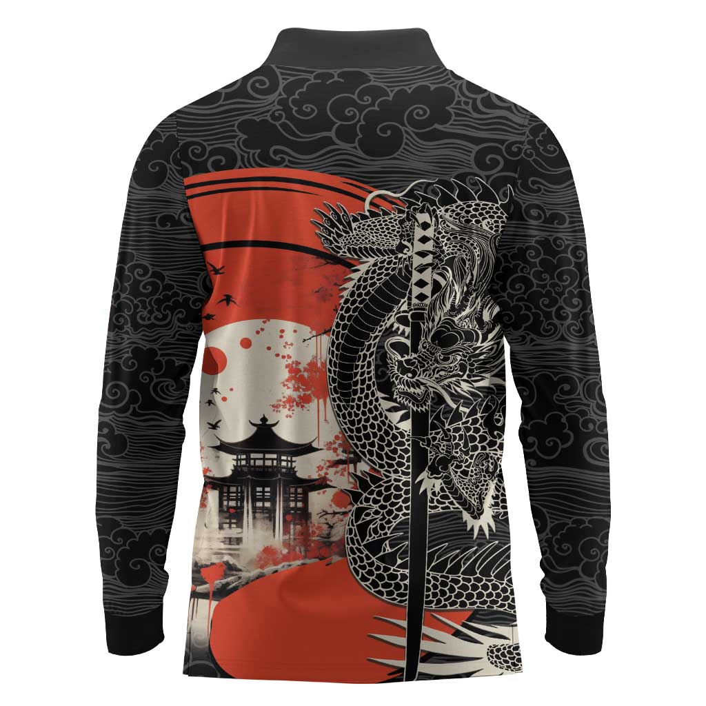 Japanese Dragon Katana Enso Long Sleeve Polo Shirt Japan Pagoda Seamless Cloud LT14 - Polynesian Pride