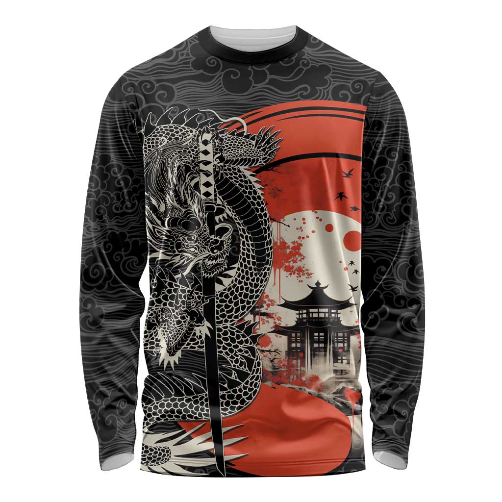 Japanese Dragon Katana Enso Long Sleeve Shirt Japan Pagoda Seamless Cloud LT14 Unisex Black - Polynesian Pride