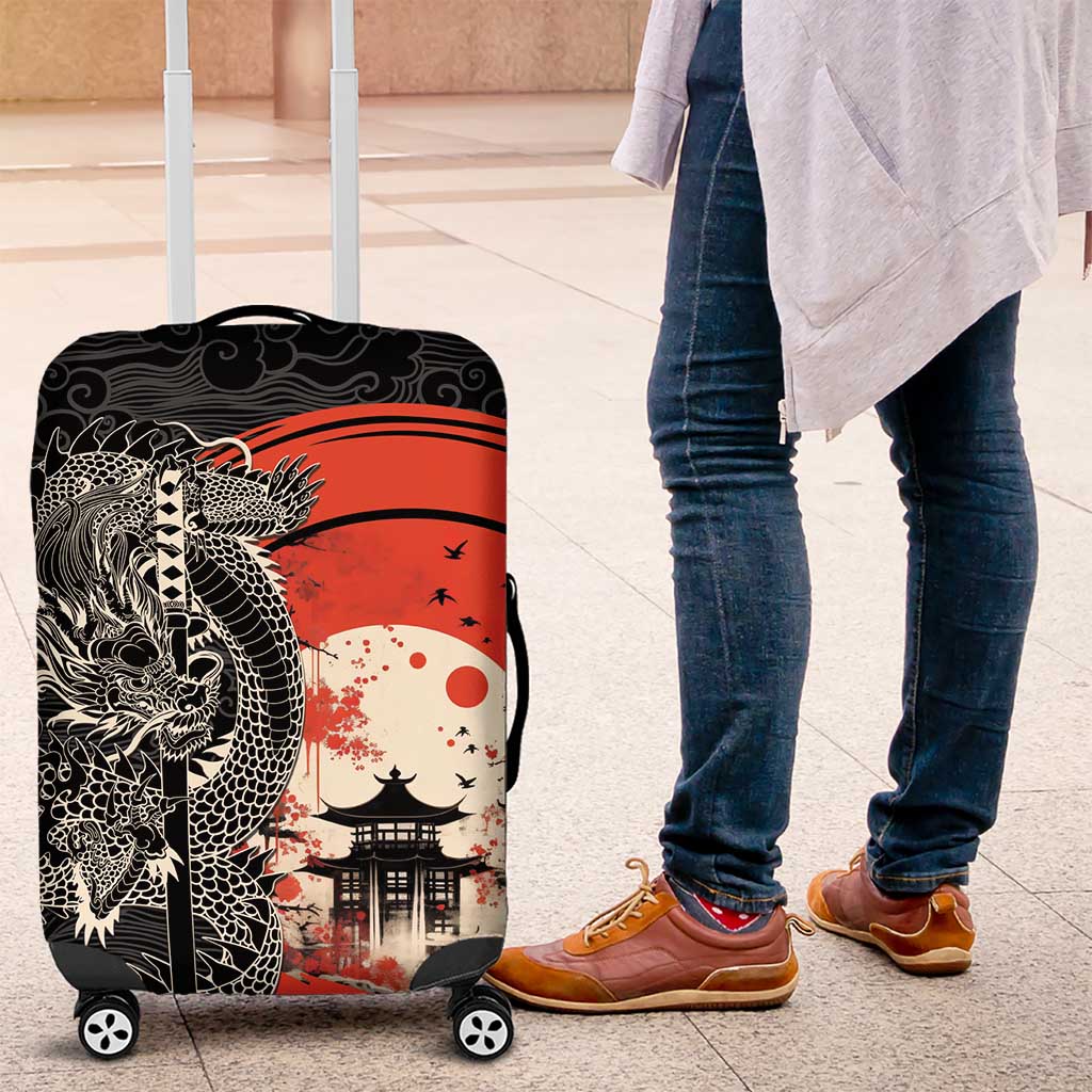 Japanese Dragon Katana Enso Luggage Cover Japan Pagoda Seamless Cloud LT14 Black - Polynesian Pride