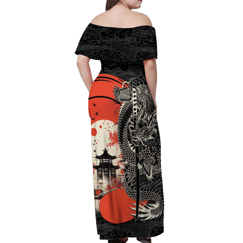 Japanese Dragon Katana Enso Off Shoulder Maxi Dress Japan Pagoda Seamless Cloud LT14 - Polynesian Pride
