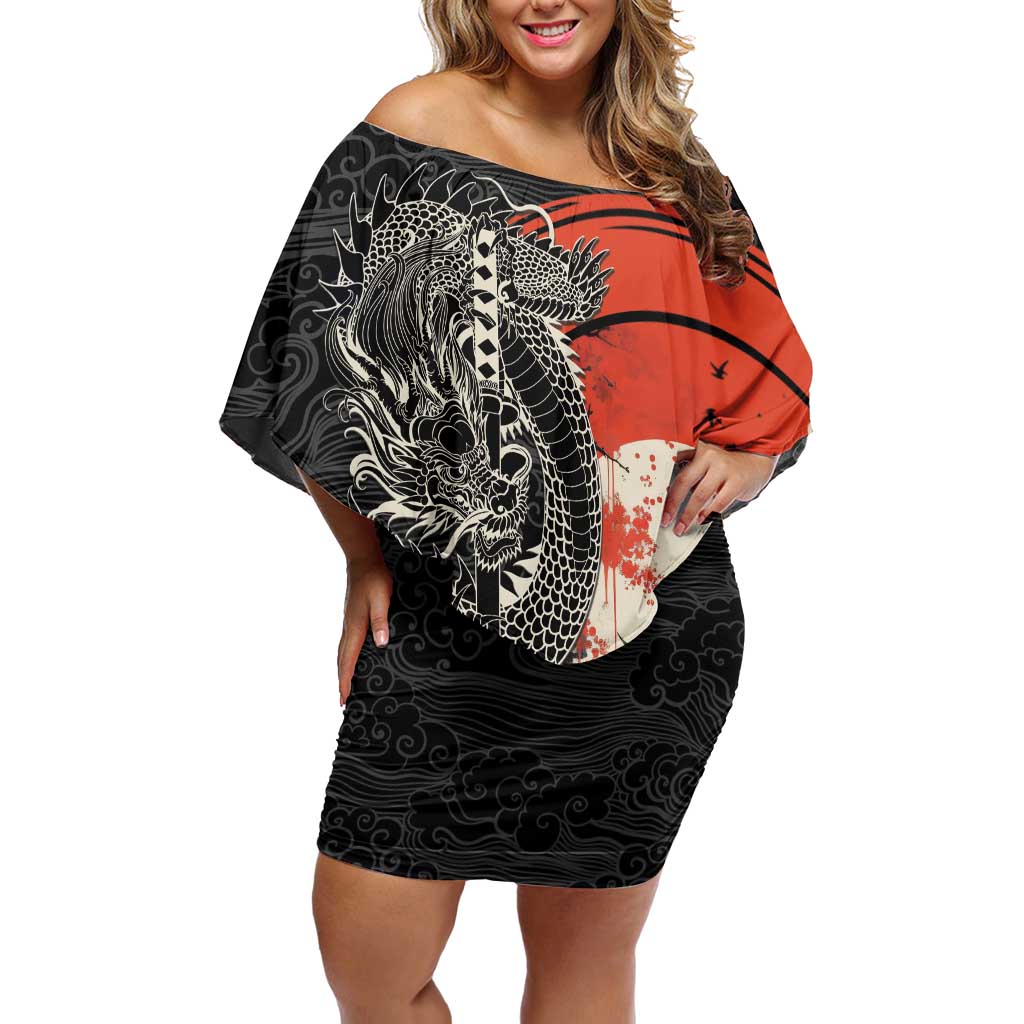 Japanese Dragon Katana Enso Off Shoulder Short Dress Japan Pagoda Seamless Cloud LT14 Women Black - Polynesian Pride