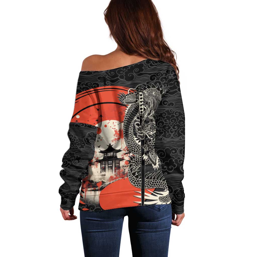 Japanese Dragon Katana Enso Off Shoulder Sweater Japan Pagoda Seamless Cloud LT14 - Polynesian Pride