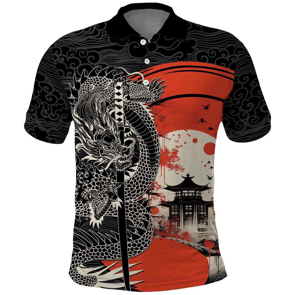 Japanese Dragon Katana Enso Polo Shirt Japan Pagoda Seamless Cloud LT14 Black - Polynesian Pride