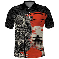 Japanese Dragon Katana Enso Polo Shirt Japan Pagoda Seamless Cloud LT14 Black - Polynesian Pride