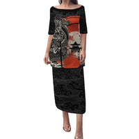Japanese Dragon Katana Enso Puletasi Japan Pagoda Seamless Cloud LT14 Long Dress Black - Polynesian Pride