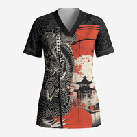 Japanese Dragon Katana Enso Scrub Top Japan Pagoda Seamless Cloud - Polynesian Pride