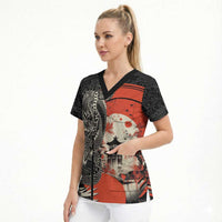 Japanese Dragon Katana Enso Scrub Top Japan Pagoda Seamless Cloud - Polynesian Pride