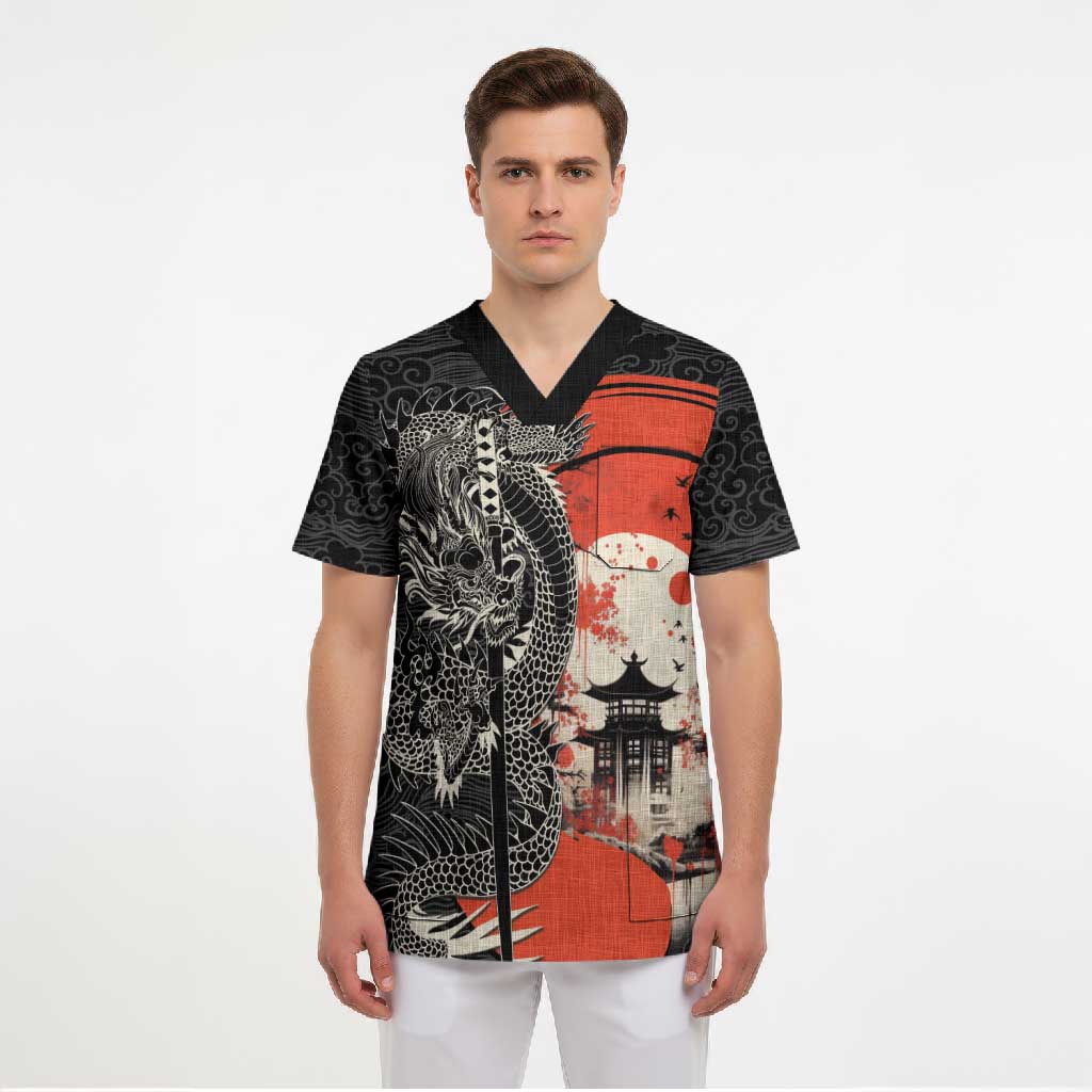 Japanese Dragon Katana Enso Scrub Top Japan Pagoda Seamless Cloud - Polynesian Pride